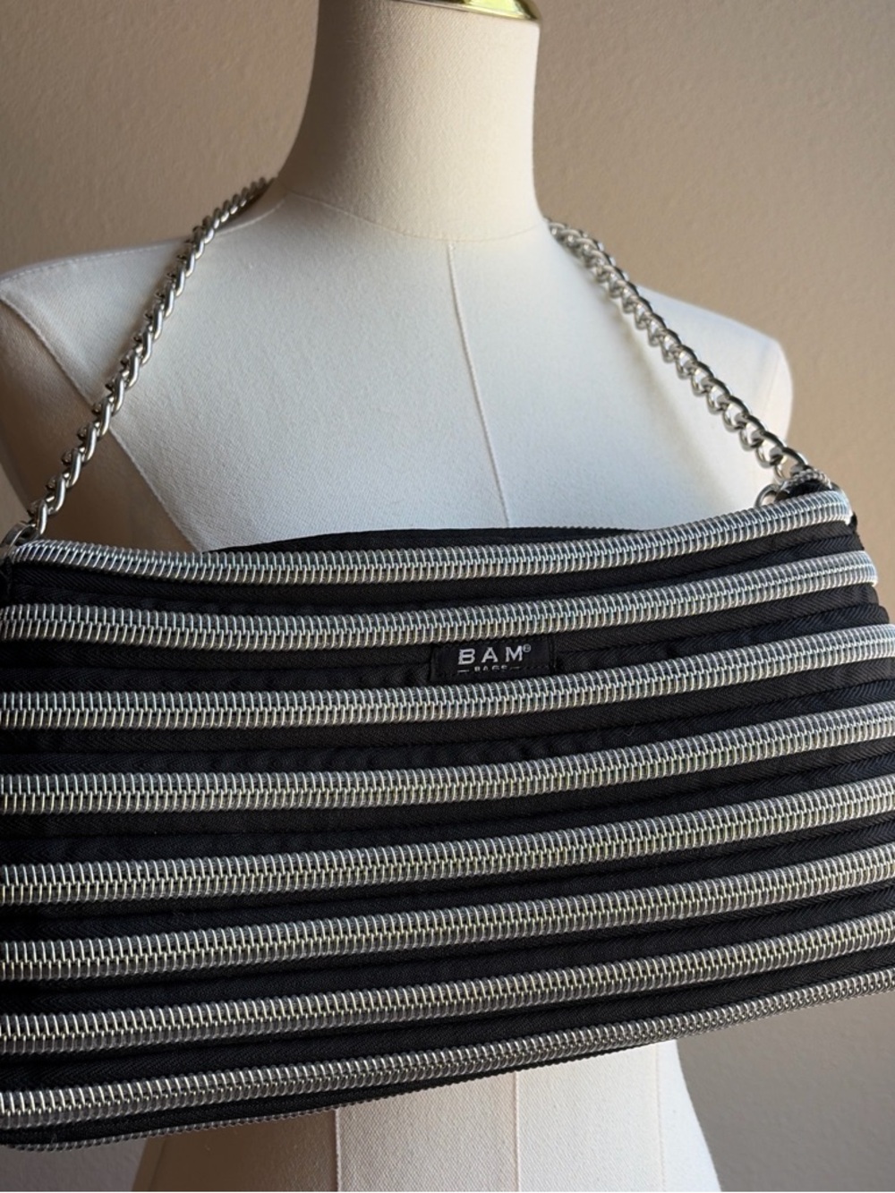 BAM Bags Black Multi Zipper Shoulder Bag Y2K Cyber Grunge Chain Strap Purse